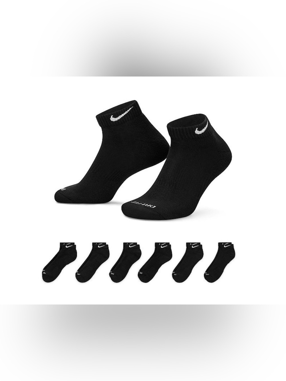 Nike Dri-Fit Black Ankle Athletic Socks with White Swoosh (6 Pack)- New